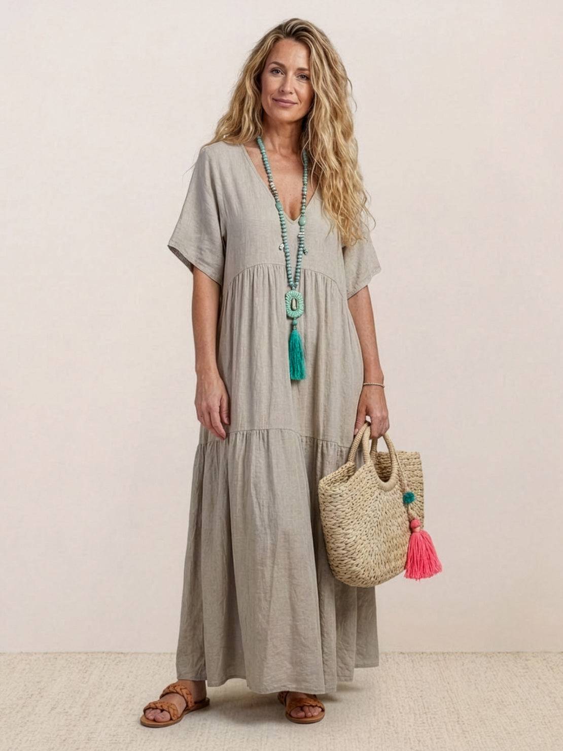 Willow | Terracotta Women's Boho V Neck Tiered Maxi Dress