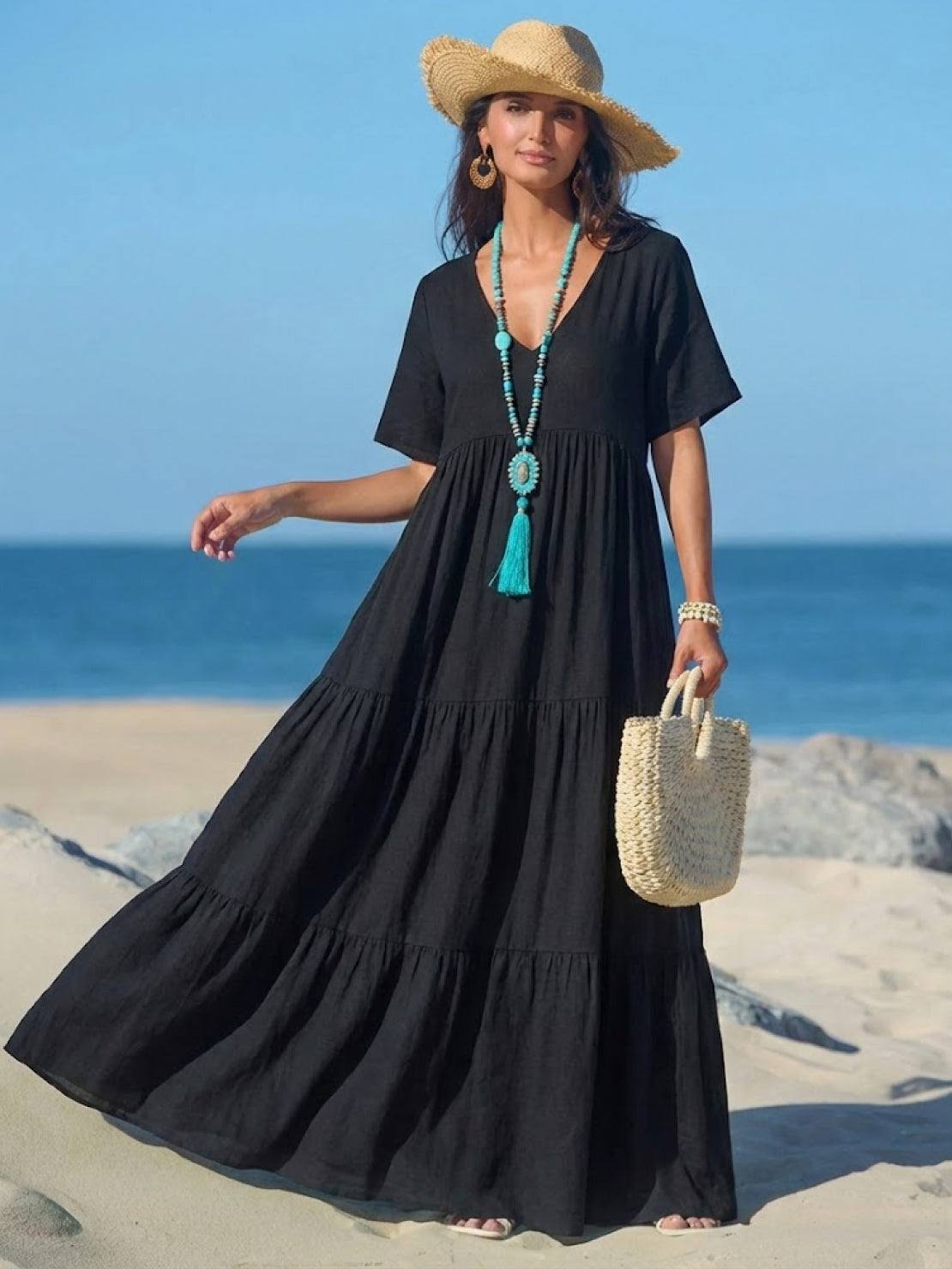 Willow | Terracotta Women's Boho V Neck Tiered Maxi Dress