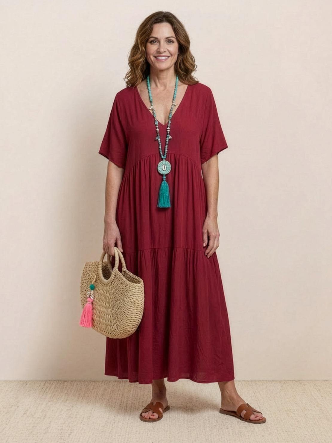 Willow | Terracotta Women's Boho V Neck Tiered Maxi Dress