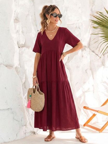 Willow | Terracotta Women's Boho V Neck Tiered Maxi Dress