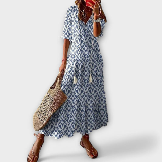 Calista | Blue Patterned Elegant Maxi Dress
