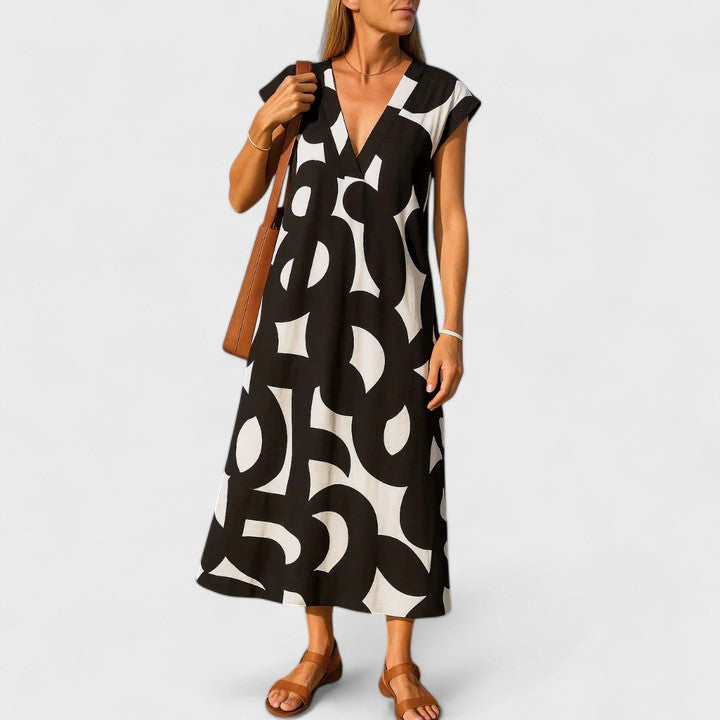 Astrid | Elegant Black & White Flowing V-Neck Dress