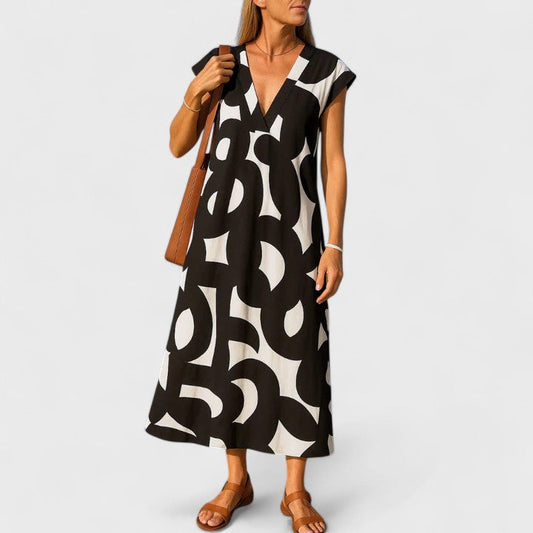 Calista | Black & White Abstract Flowing V-Neck Dress