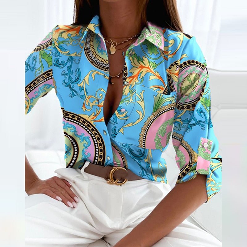 Calantha | Exquisite Cropped Blue Printed Blouse with 3/4 Sleeves