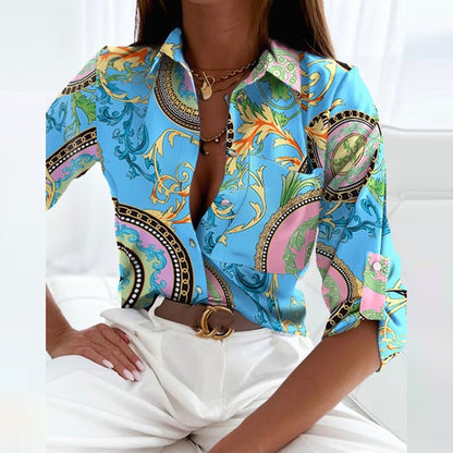 Calantha | Exquisite Cropped Blue Printed Blouse with 3/4 Sleeves