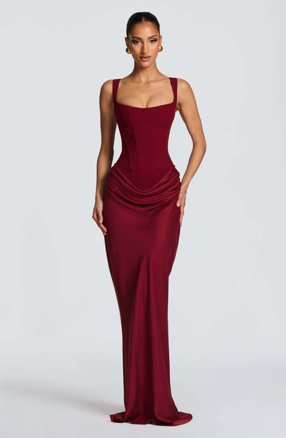 Emmeline | Women's Sleeveless Bodycon Maxi Wedding Guest Dress in Burgundy