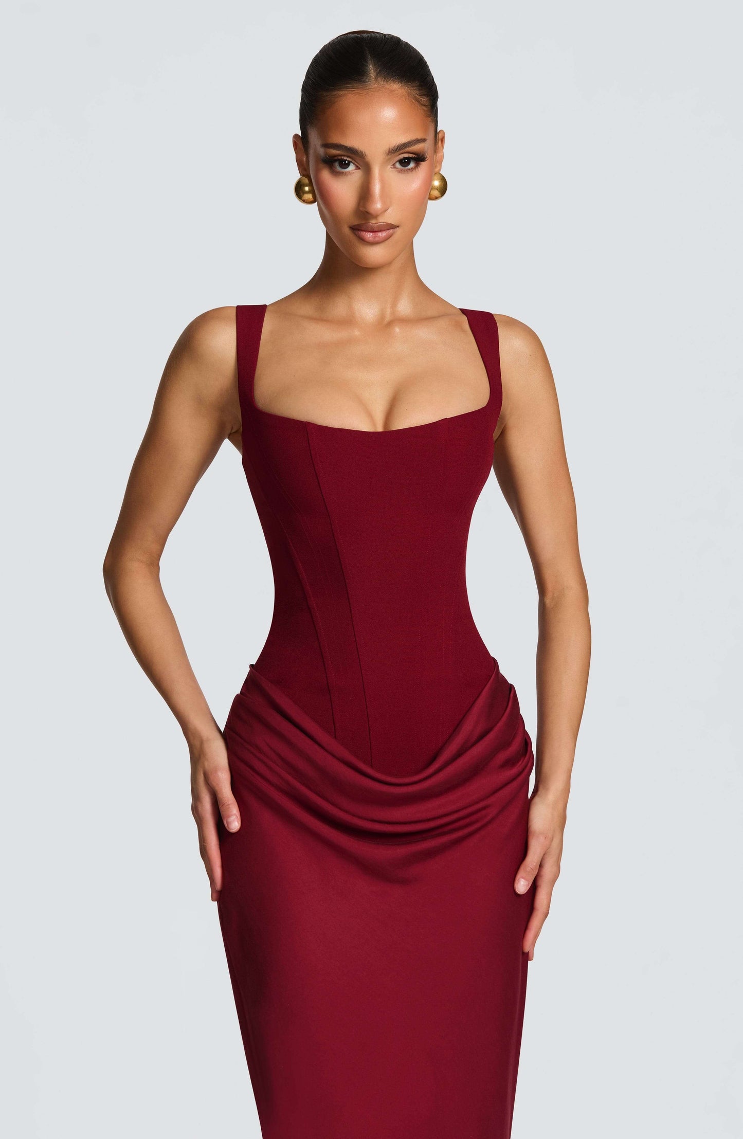 Emmeline | Women's Sleeveless Bodycon Maxi Wedding Guest Dress in Burgundy