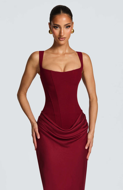 Emmeline | Women's Sleeveless Bodycon Maxi Wedding Guest Dress in Burgundy