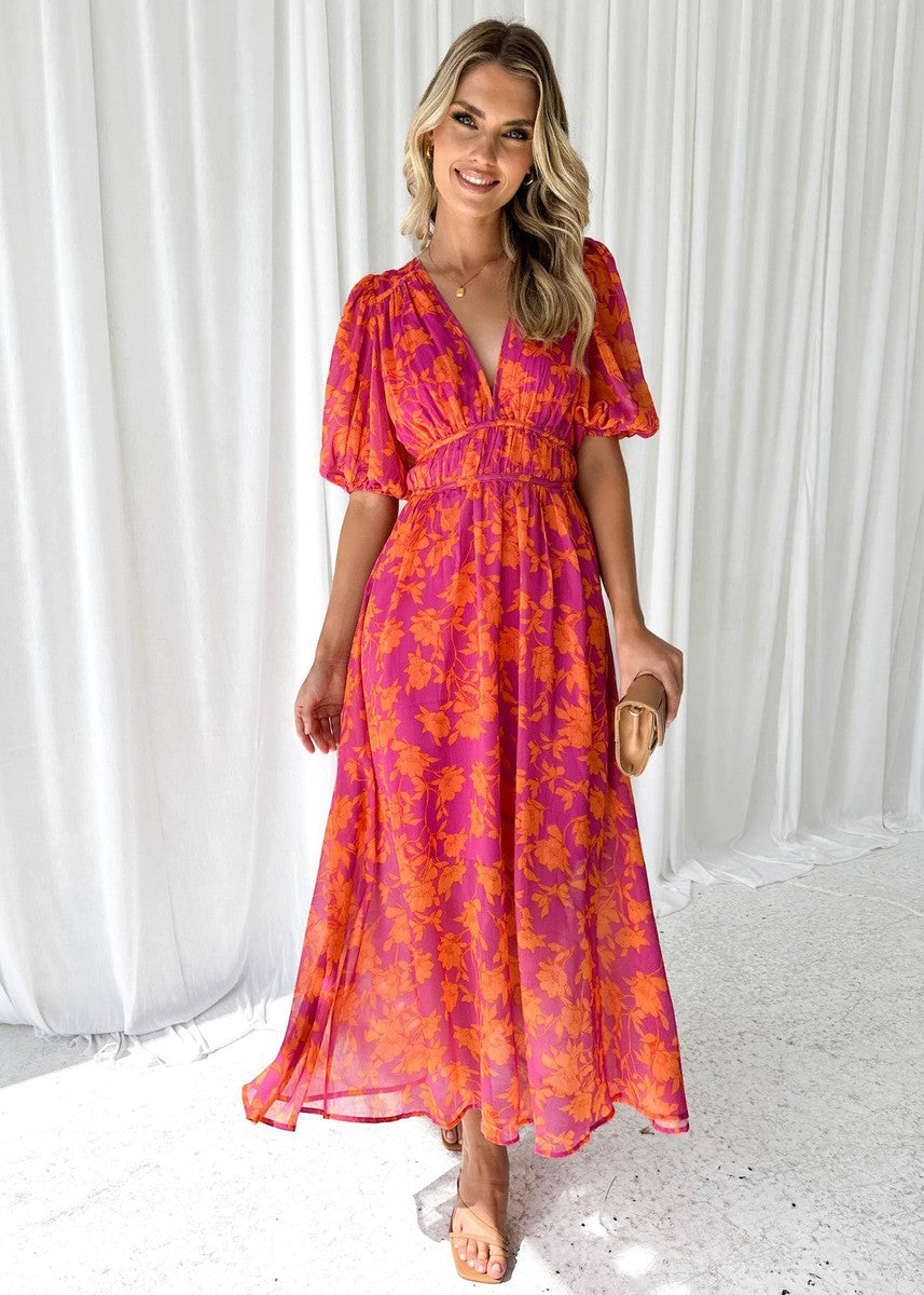 Calista | Women's Vibrant Floral V Neck Maxi Wedding Guest Dress