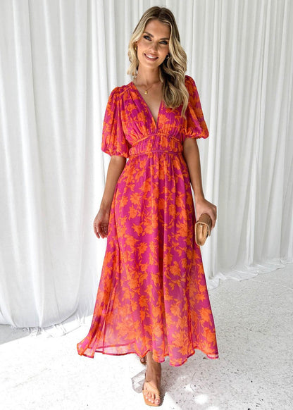 Calista | Women's Vibrant Floral V Neck Maxi Wedding Guest Dress