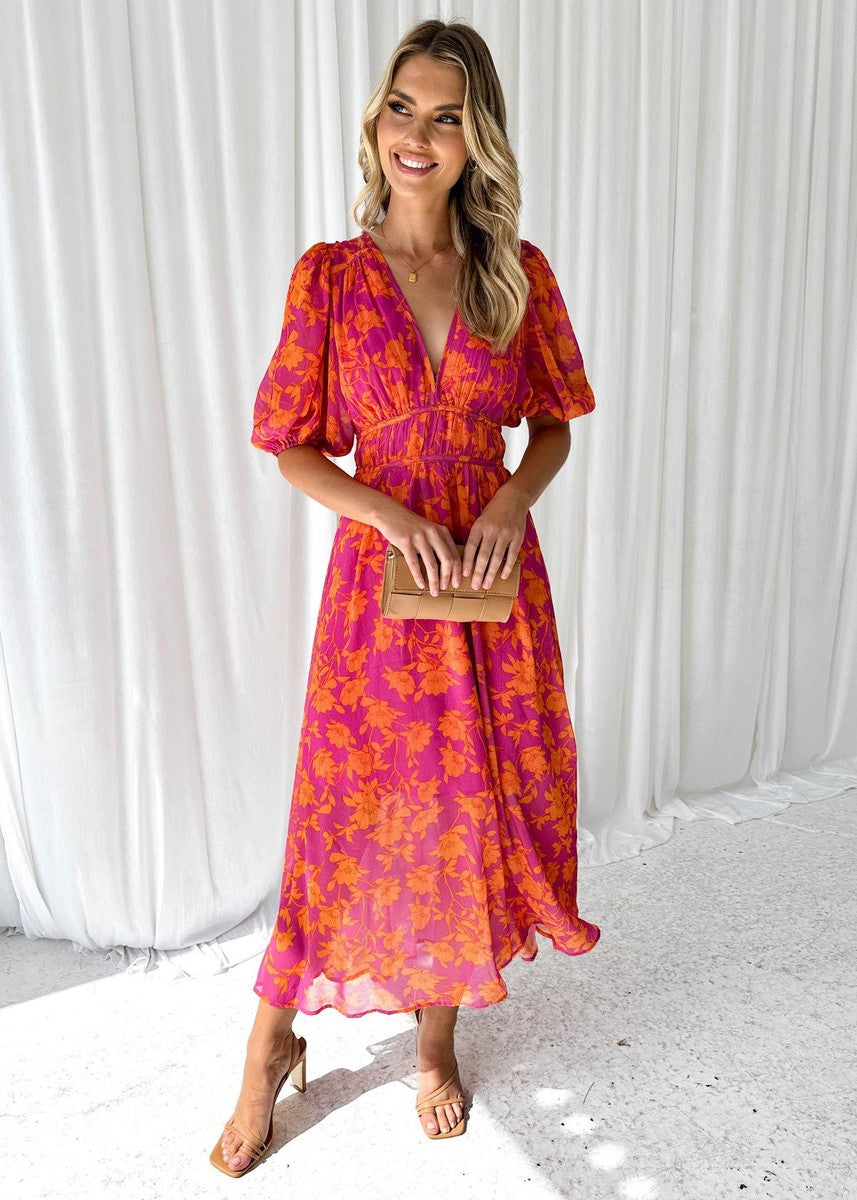 Calista | Women's Vibrant Floral V Neck Maxi Wedding Guest Dress