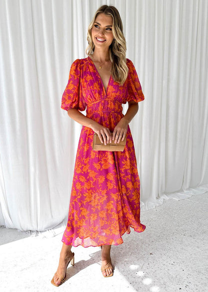 Calista | Women's Vibrant Floral V Neck Maxi Wedding Guest Dress