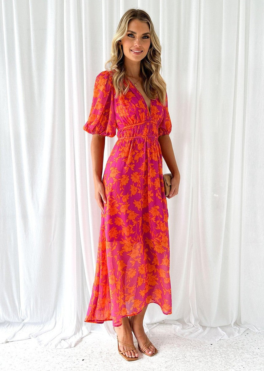 Calista | Women's Vibrant Floral V Neck Maxi Wedding Guest Dress