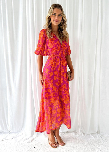 Calista | Women's Vibrant Floral V Neck Maxi Wedding Guest Dress