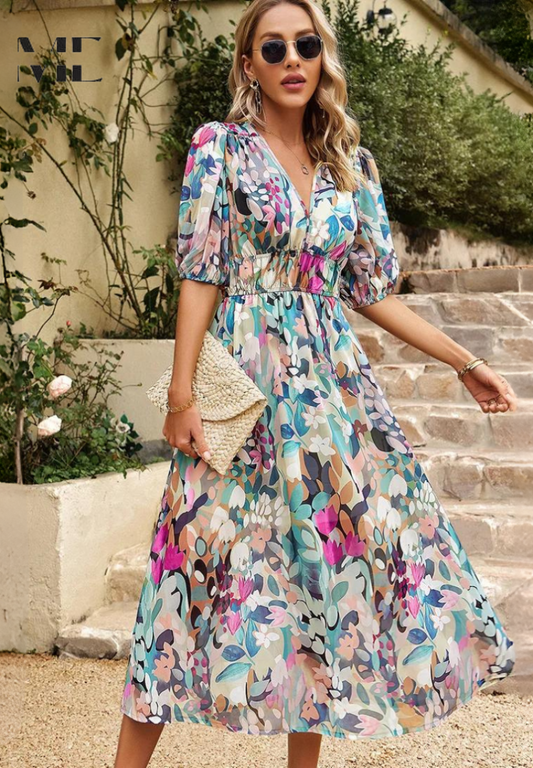 Calista | Women's Vibrant Floral V Neck Midi Wedding Guest Dress