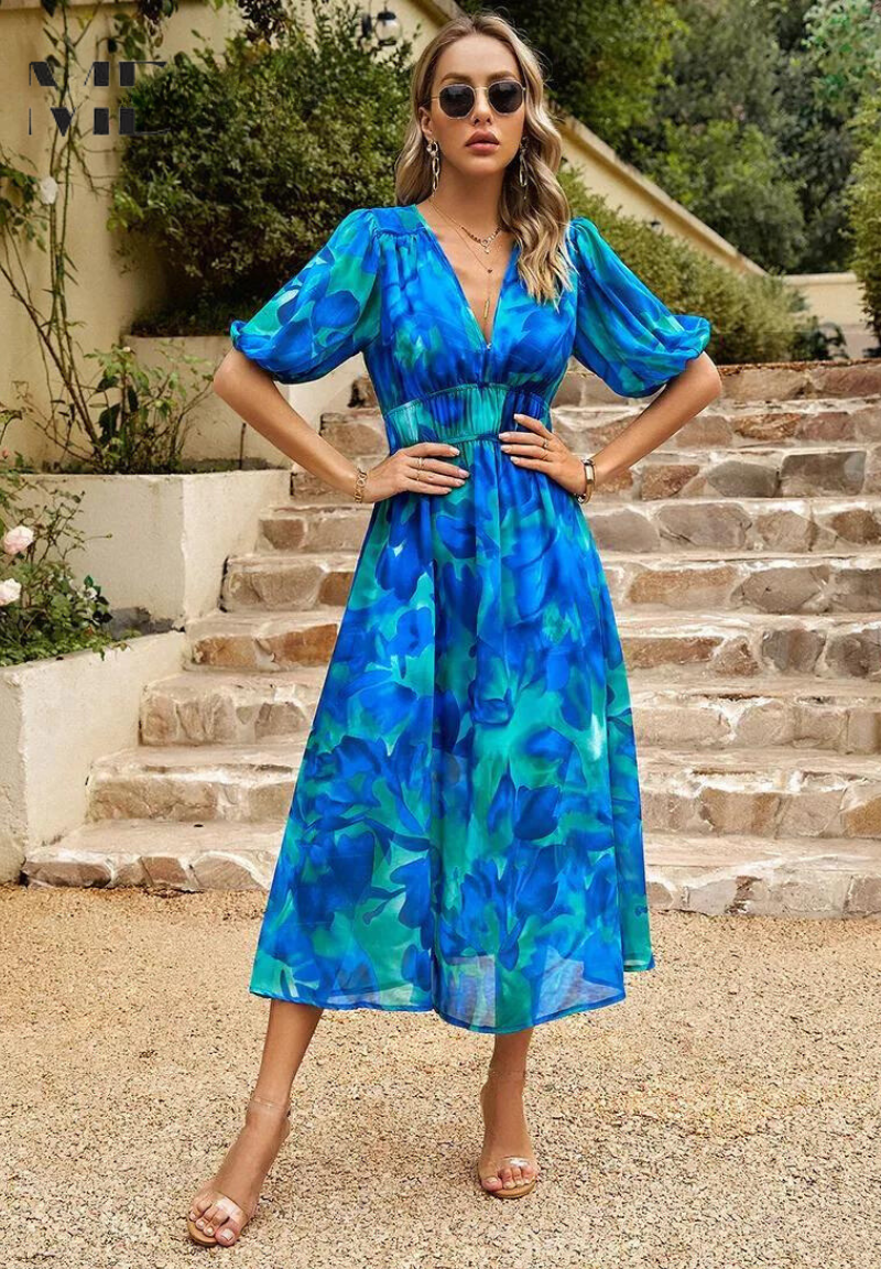 Calista | Women's Vibrant Floral V Neck Midi Wedding Guest Dress