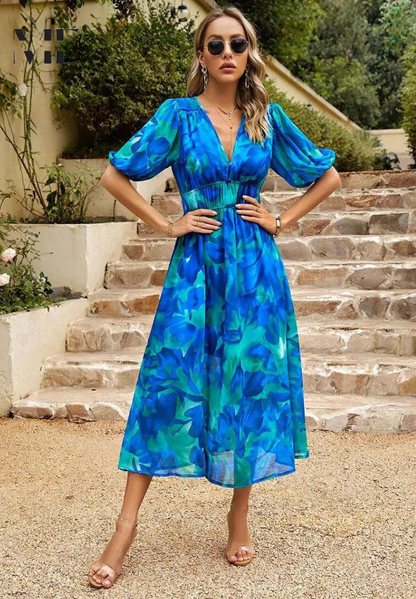Calista | Women's Vibrant Floral V Neck Midi Wedding Guest Dress