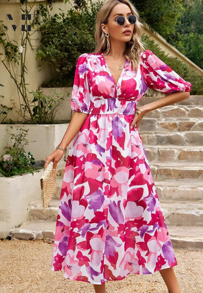 Calista | Women's Vibrant Floral V Neck Midi Wedding Guest Dress