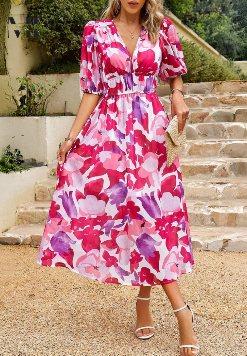 Calista | Women's Vibrant Floral V Neck Midi Wedding Guest Dress