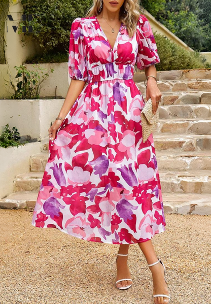 Calista | Women's Vibrant Floral V Neck Midi Wedding Guest Dress