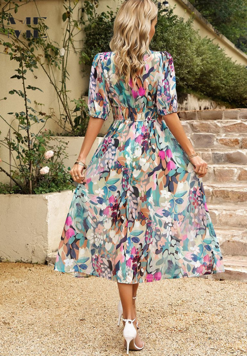 Calista | Women's Vibrant Floral V Neck Midi Wedding Guest Dress