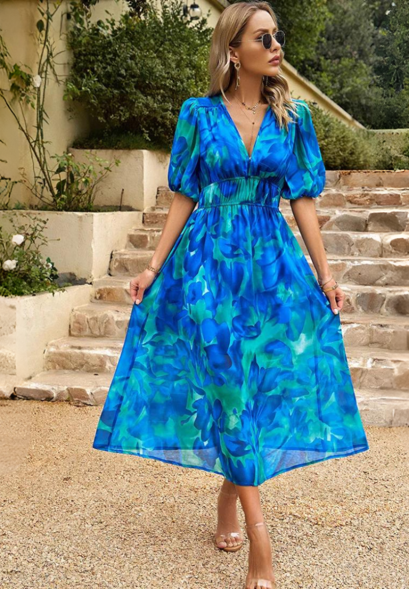 Calista | Women's Vibrant Floral V Neck Midi Wedding Guest Dress