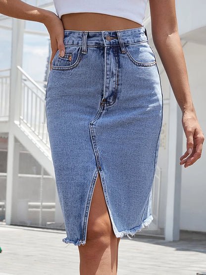 Alethea | Women's High Waist Light Blue Front Slit Denim Midi Skirt