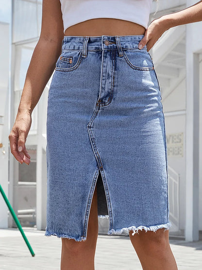 Alethea | Women's High Waist Light Blue Front Slit Denim Midi Skirt