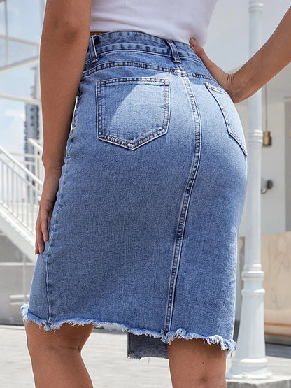 Alethea | Women's High Waist Light Blue Front Slit Denim Midi Skirt