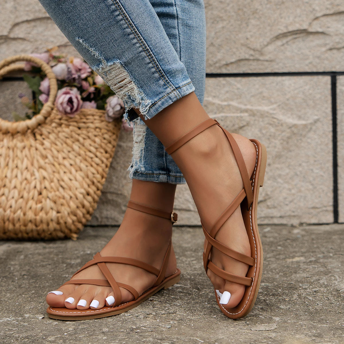 Calista | Women's Tan Strappy Flat Orthopedic Casual Sandals