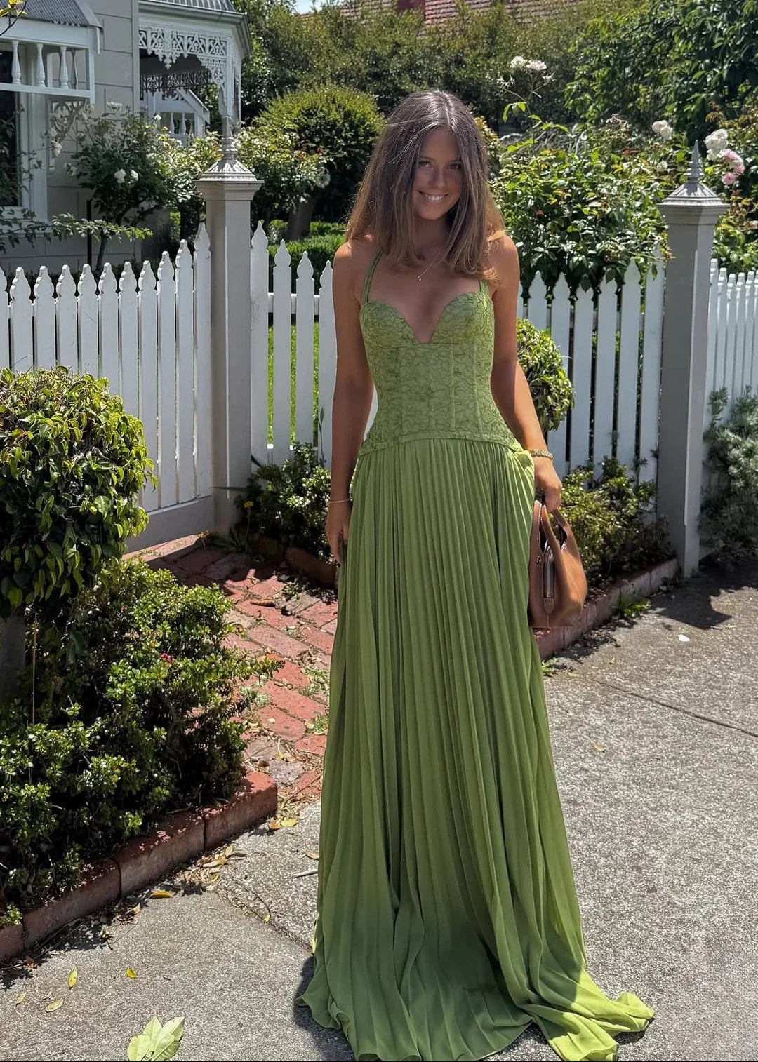 Women's Elegant Halter Pleated Maxi Wedding Guest Dress in Olive Green