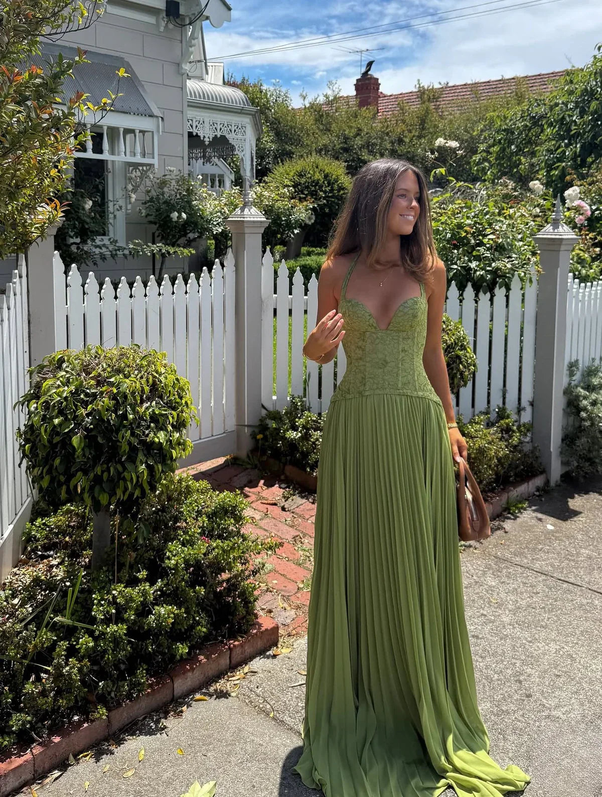 Women's Elegant Halter Pleated Maxi Wedding Guest Dress in Olive Green