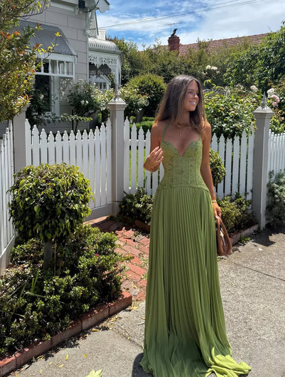 Women's Elegant Halter Pleated Maxi Wedding Guest Dress in Olive Green
