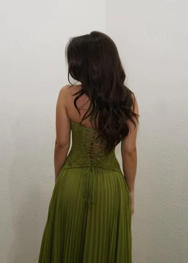 Women's Elegant Halter Pleated Maxi Wedding Guest Dress in Olive Green