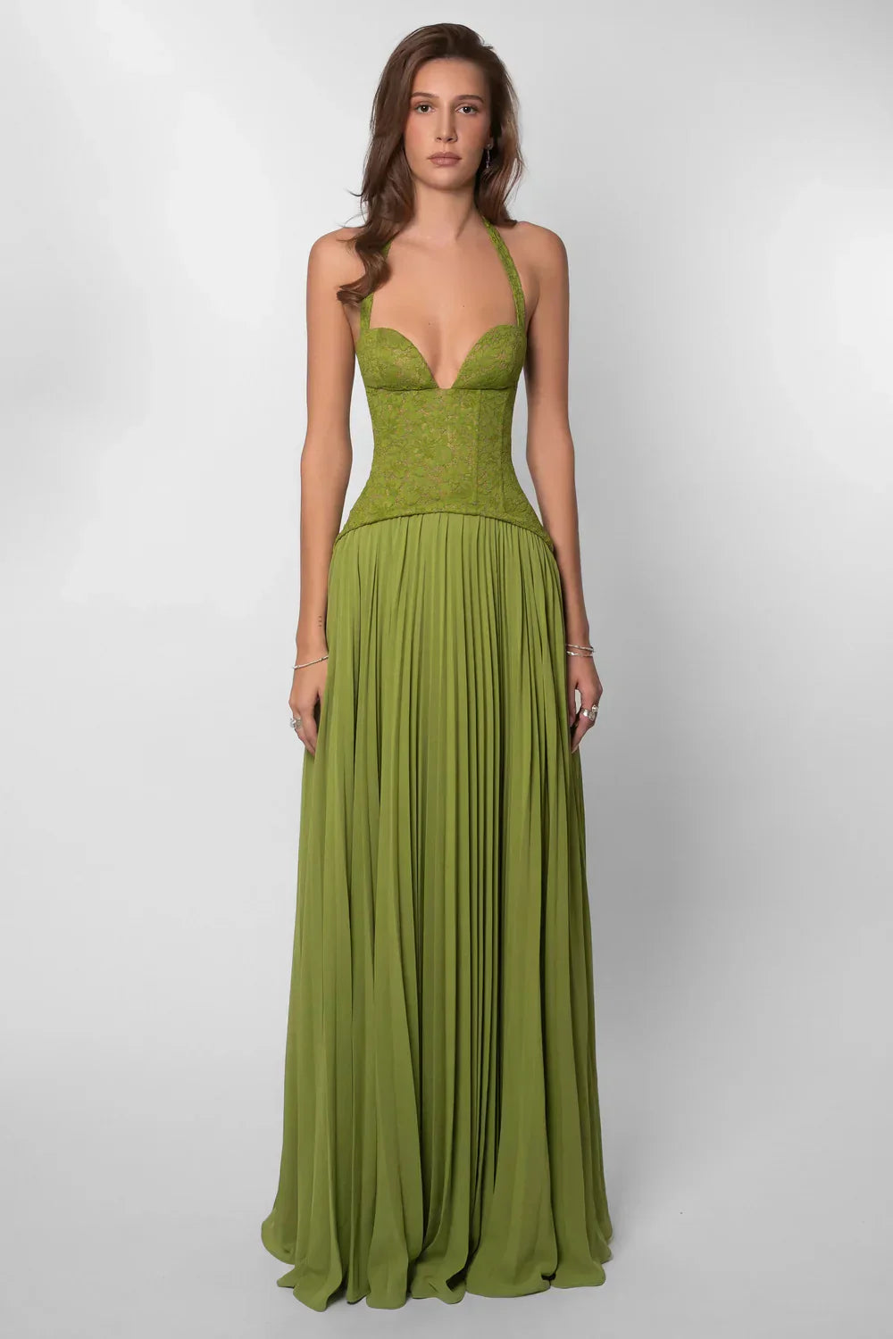 Women's Elegant Halter Pleated Maxi Wedding Guest Dress in Olive Green