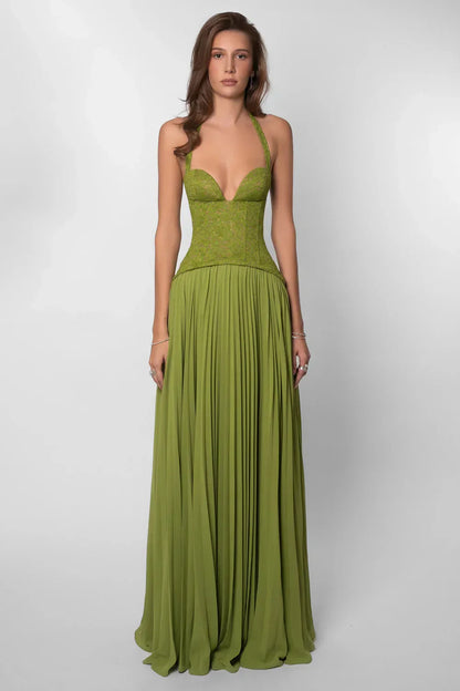 Women's Elegant Halter Pleated Maxi Wedding Guest Dress in Olive Green