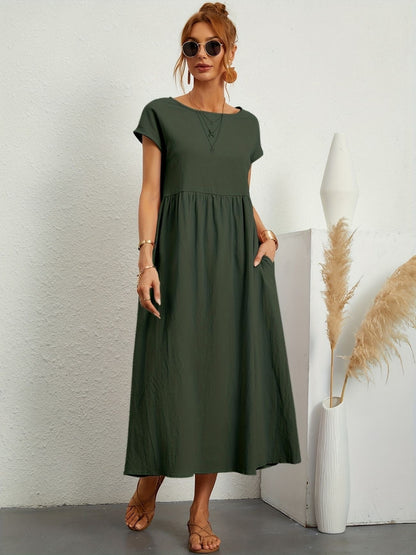 Alethea | Women's Short Sleeve Loose Midi Pocket Dress in Olive Green