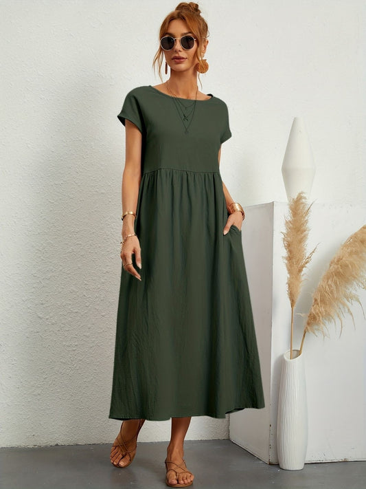 Alethea | Women's Short Sleeve Loose Midi Pocket Dress in Olive Green