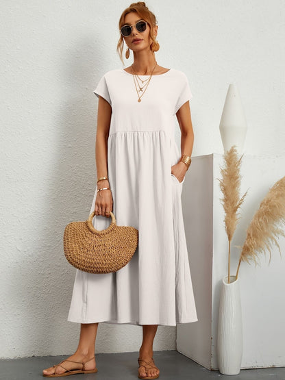Alethea | Women's Short Sleeve Loose Midi Pocket Dress in Olive Green