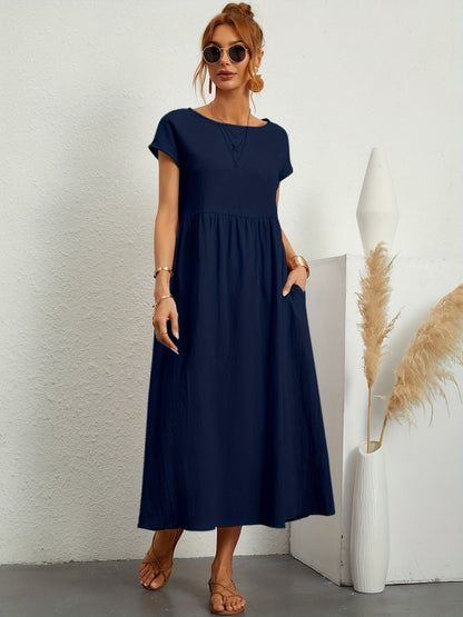 Alethea | Women's Short Sleeve Loose Midi Pocket Dress in Olive Green
