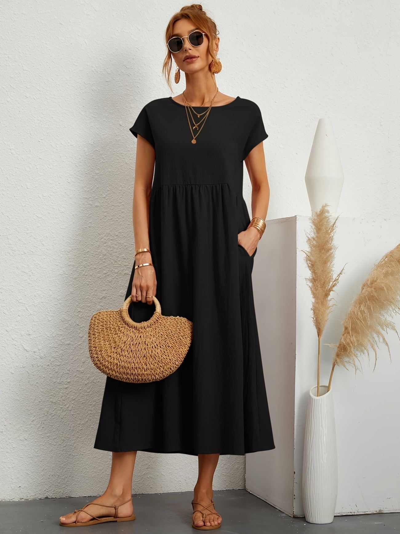 Alethea | Women's Short Sleeve Loose Midi Pocket Dress in Olive Green