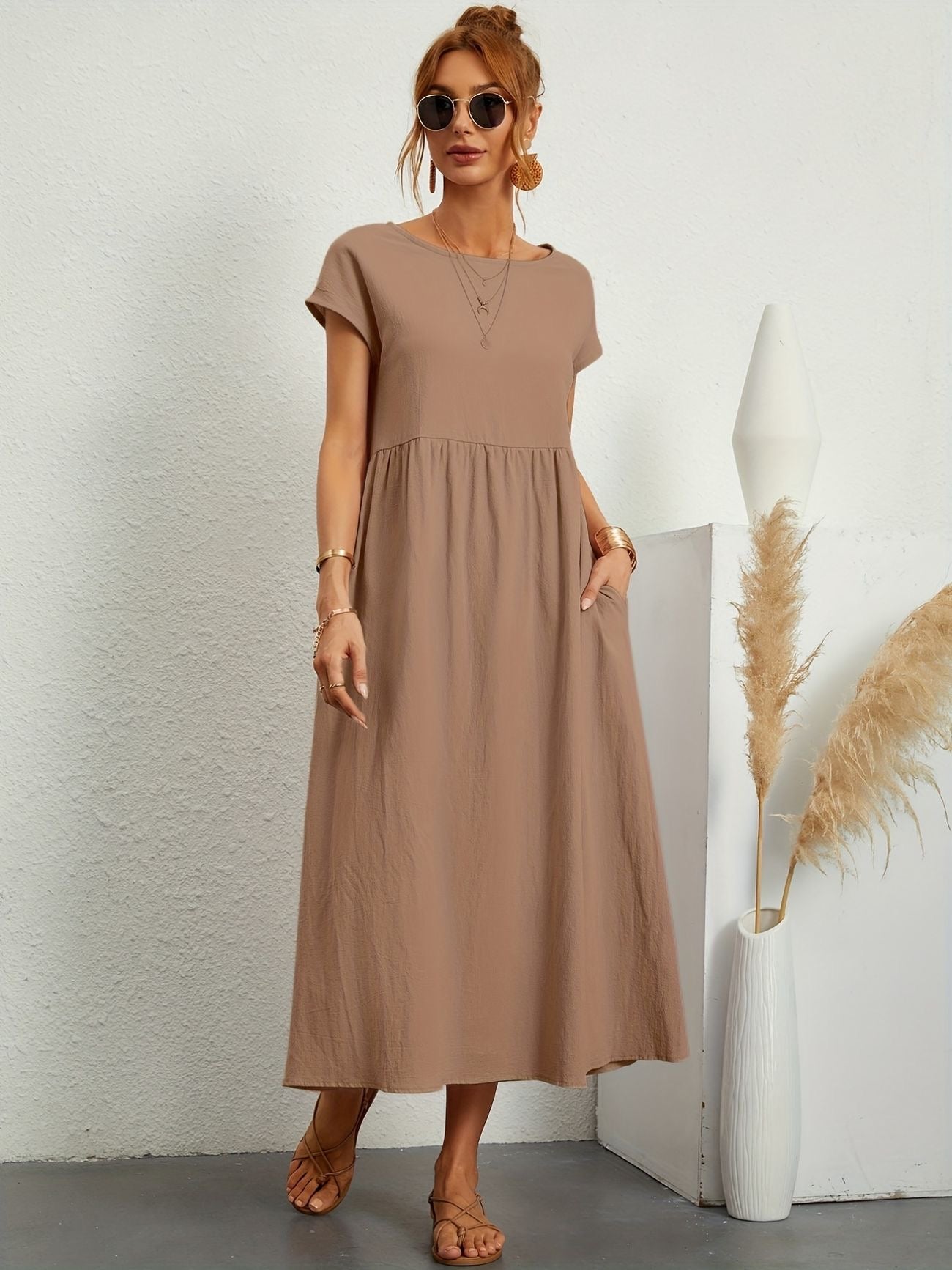Alethea | Women's Short Sleeve Loose Midi Pocket Dress in Olive Green