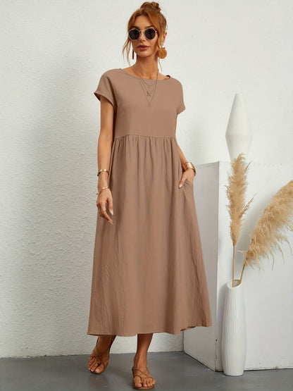 Alethea | Women's Short Sleeve Loose Midi Pocket Dress in Olive Green