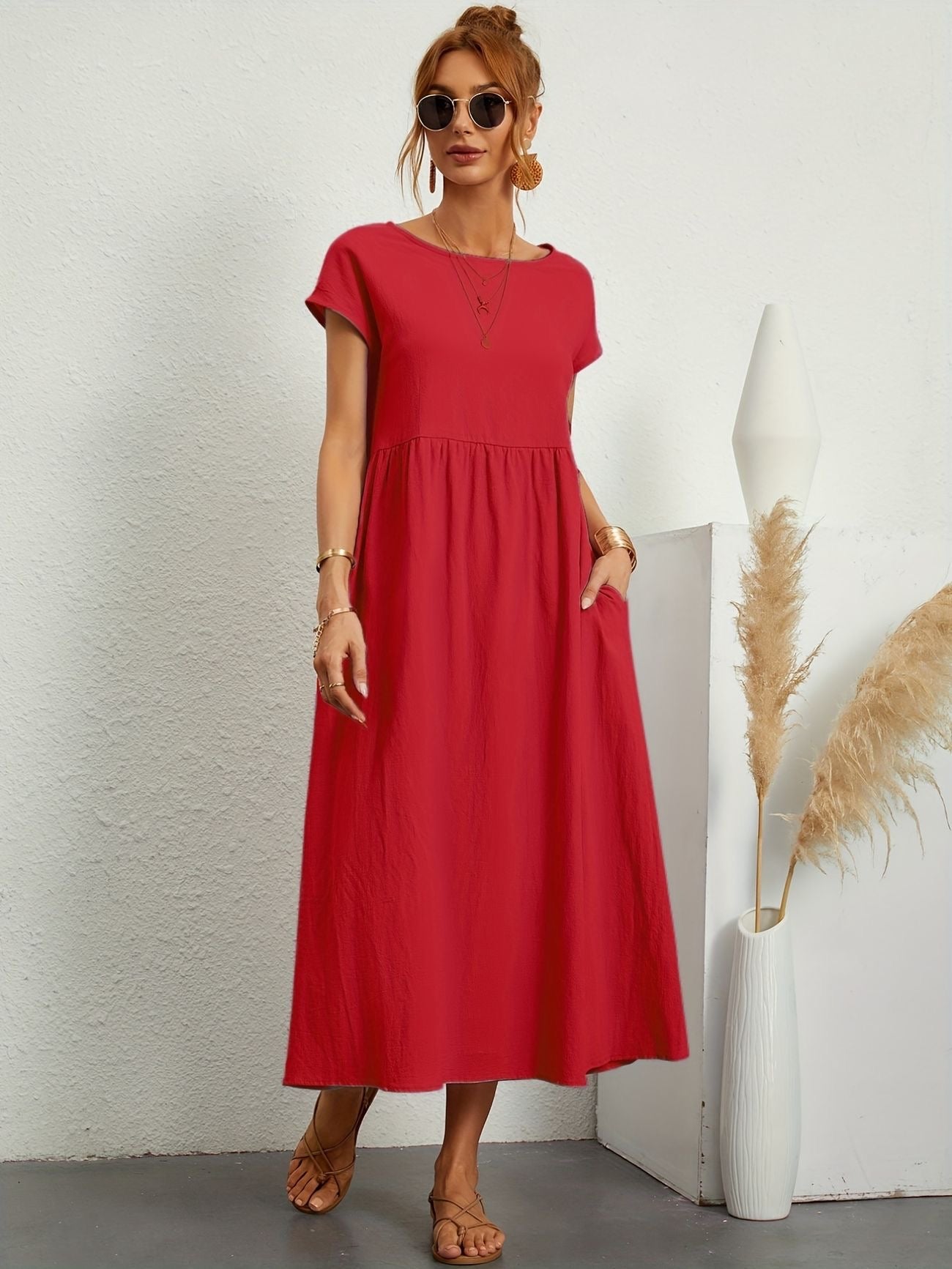Alethea | Women's Short Sleeve Loose Midi Pocket Dress in Olive Green