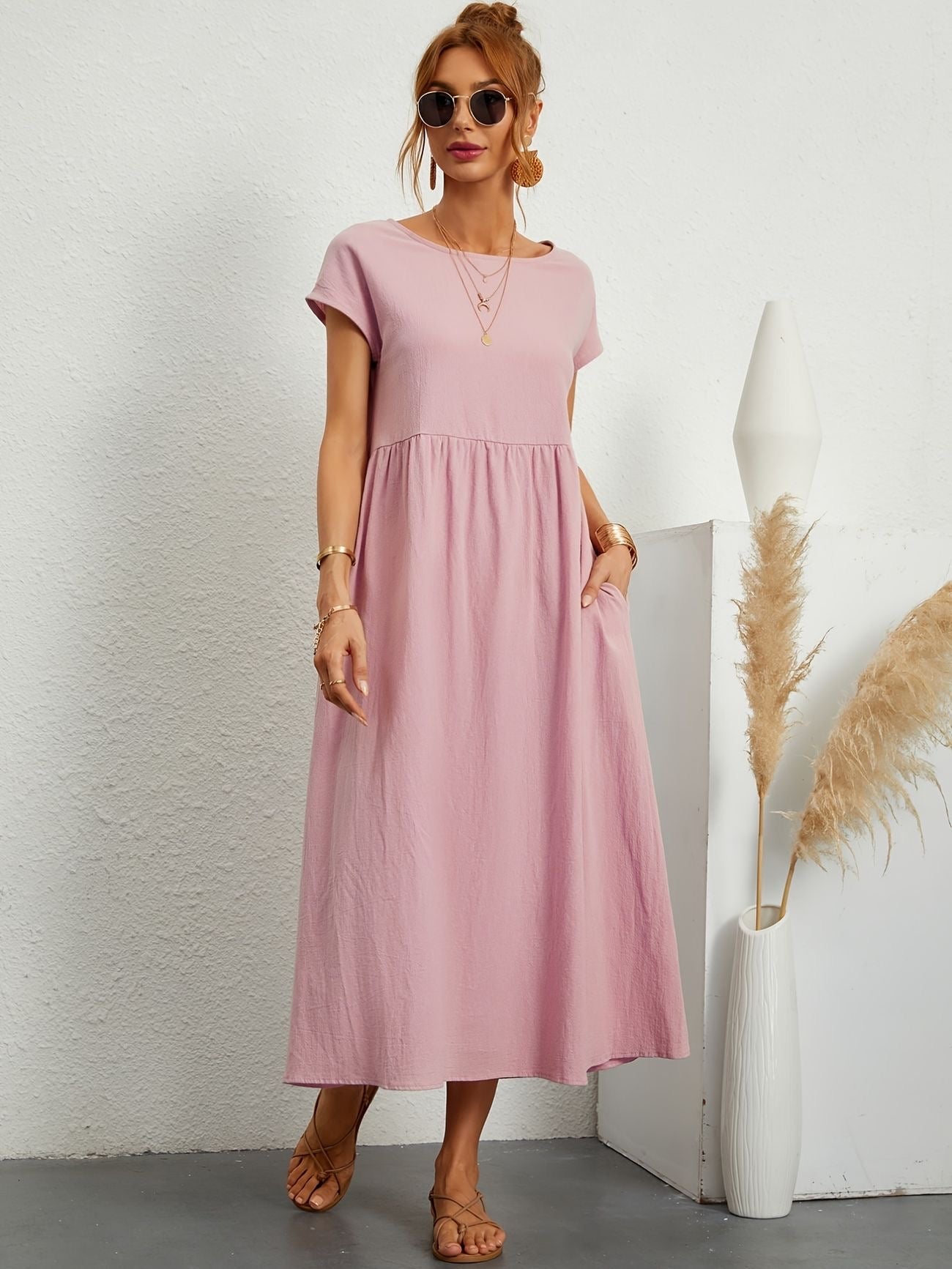 Alethea | Women's Short Sleeve Loose Midi Pocket Dress in Olive Green