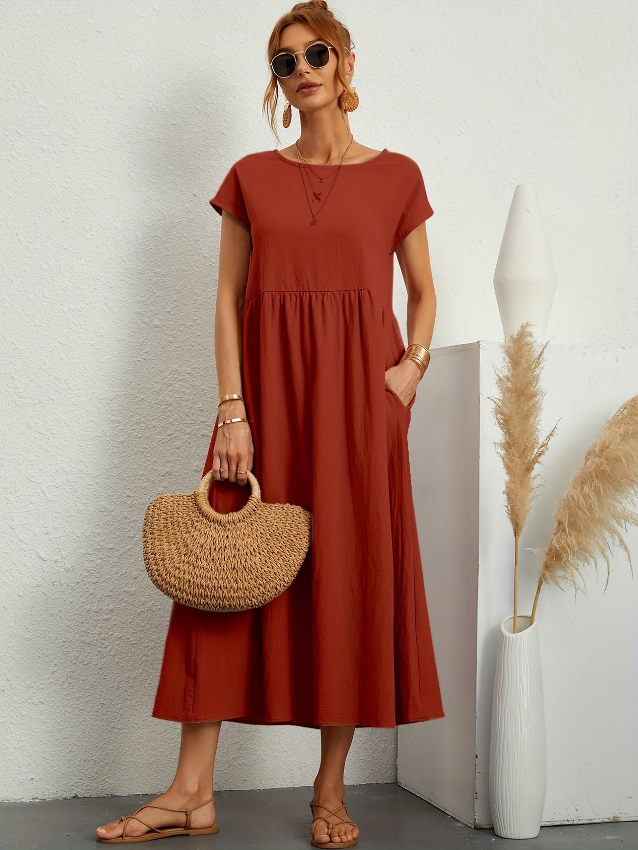 Alethea | Women's Short Sleeve Loose Midi Pocket Dress in Olive Green