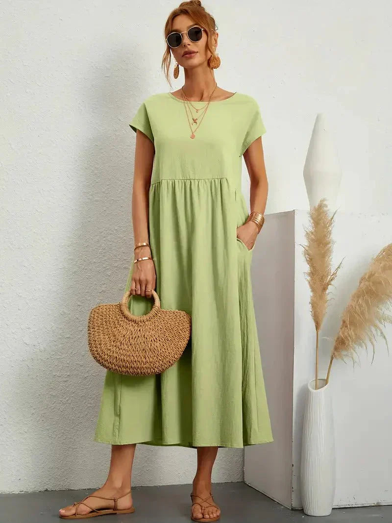 Alethea | Women's Short Sleeve Loose Midi Pocket Dress in Olive Green