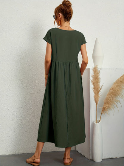 Alethea | Women's Short Sleeve Loose Midi Pocket Dress in Olive Green