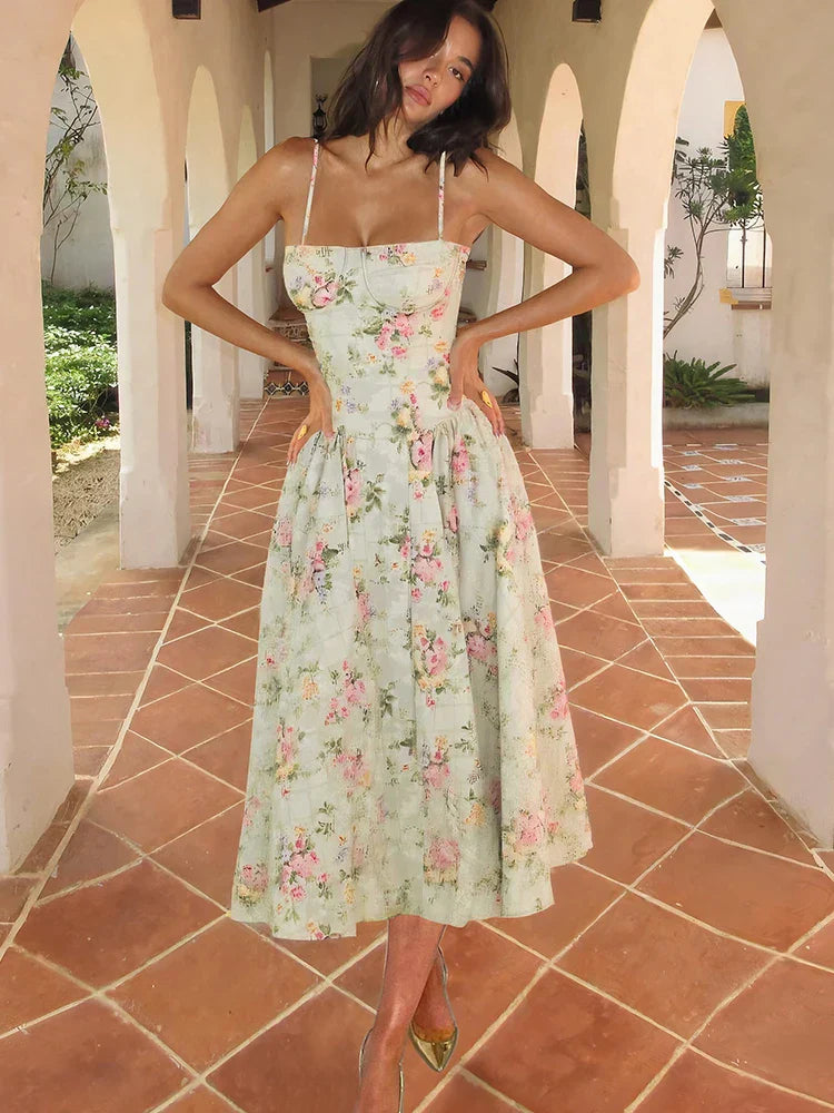 Willow | Women's Floral Strap Midi Wedding Guest Dress in Soft Pastel