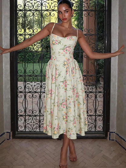 Willow | Women's Floral Strap Midi Wedding Guest Dress in Soft Pastel
